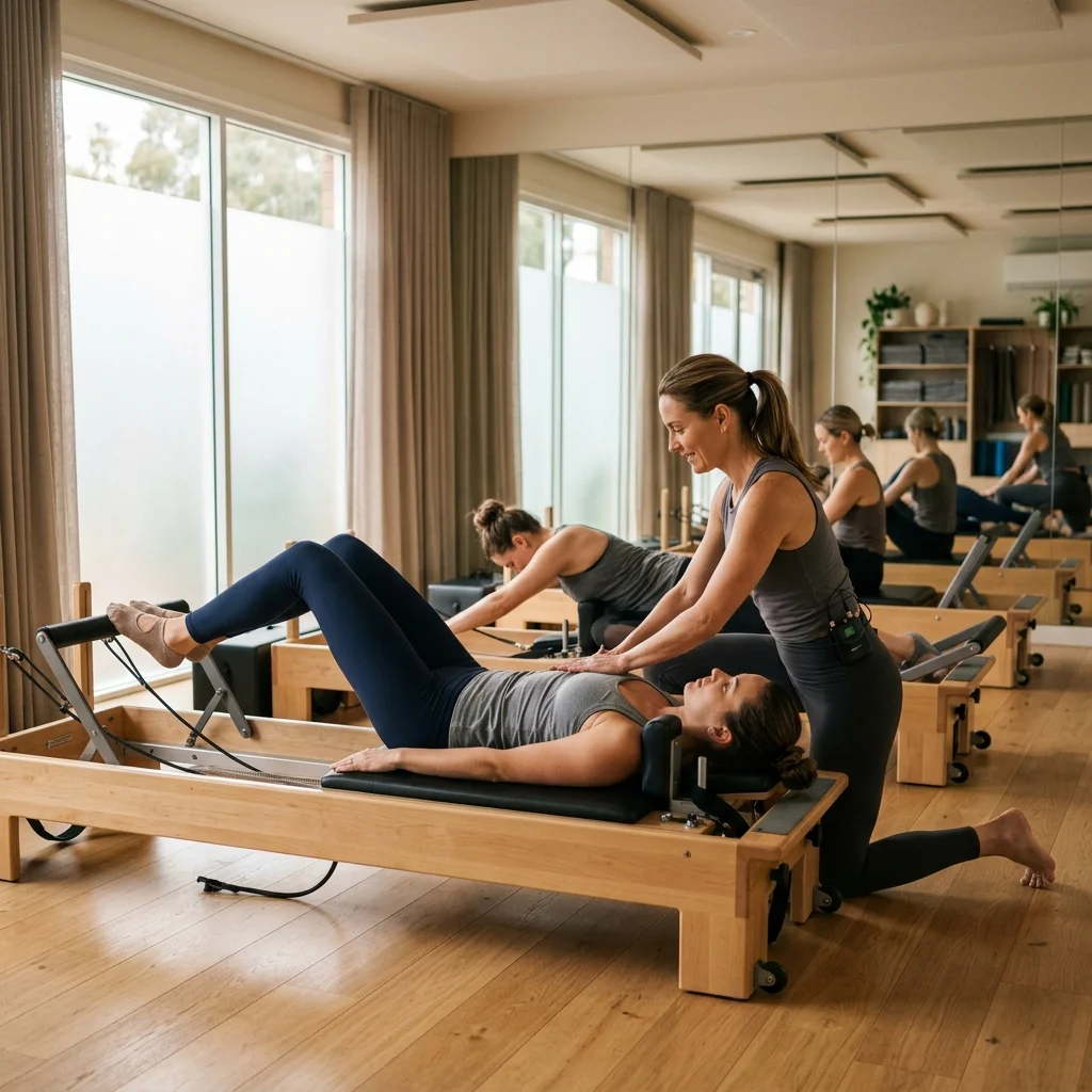 Masterclass Pilates Reformer nhóm nhỏ với Trainer kiểm tra căn chỉnh trong studio riêng ánh sáng ấm