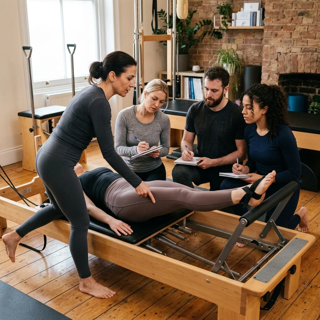 Teacher training scene with Pilates apparatus, instructor demonstration, and precise movement notes
