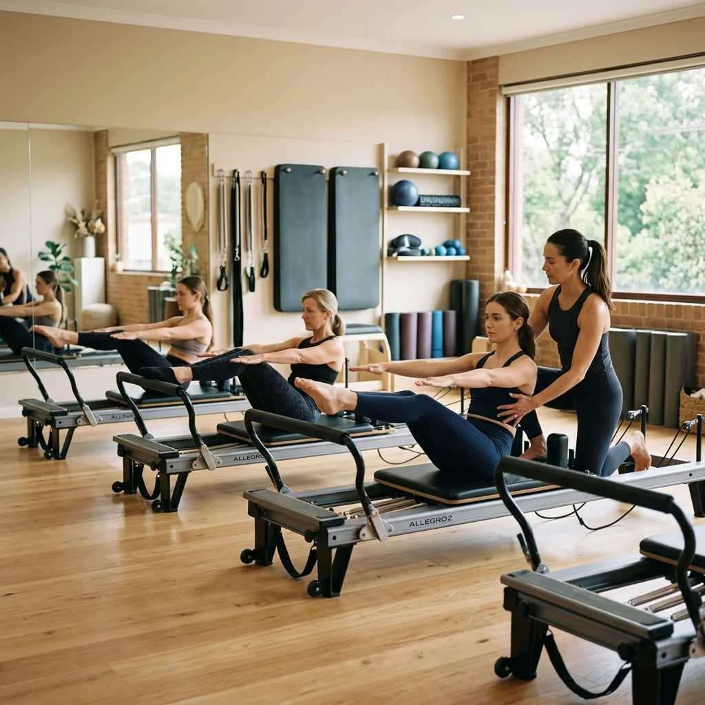 Small group Pilates Reformer workshop focused on core control in a warm private studio