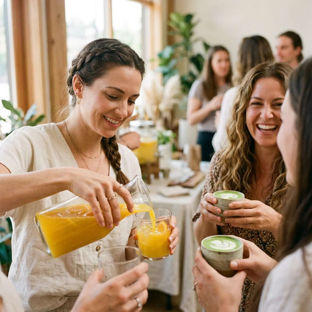 Bright studio lounge with refreshments and guests gathering for a calm wellness social - Perspective View