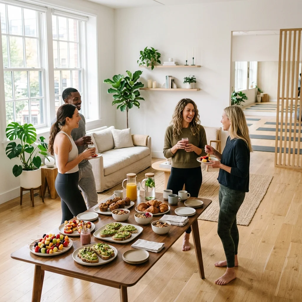 Bright studio lounge with refreshments and guests gathering for a calm wellness social