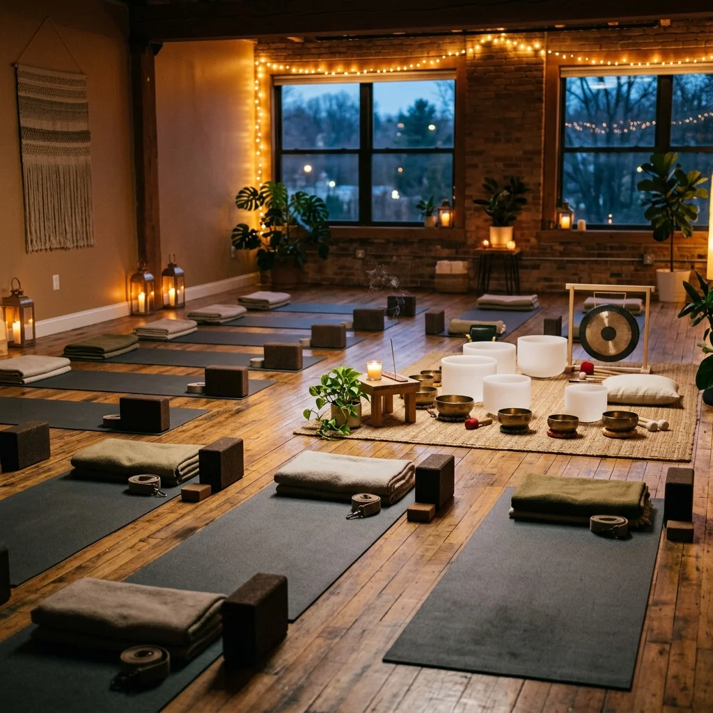 Phòng yoga ấm được chuẩn bị cho workshop vinyasa buổi tối và sound bath với thảm tập và ánh sáng dịu