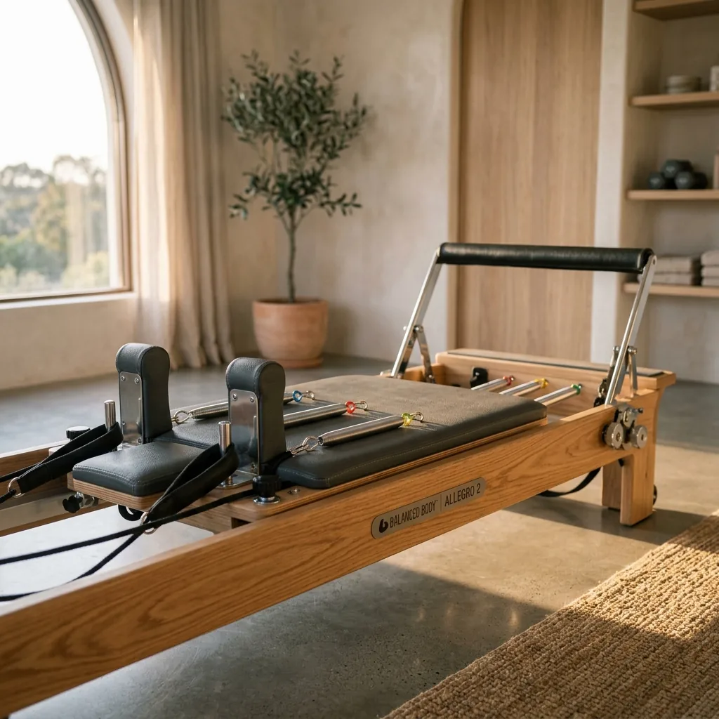 Private Pilates room with reformer at sunset