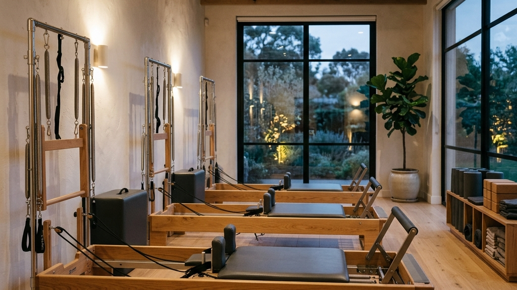 Cozy private Pilates studio with warm lighting