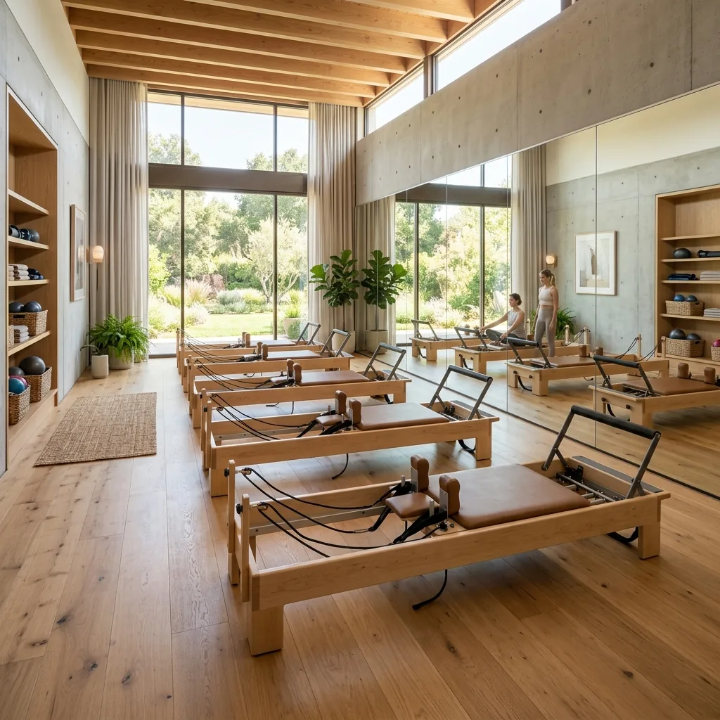 Phòng Reformer đầy đủ năm máy Pilates Reformer, gương lớn và ánh sáng studio ấm