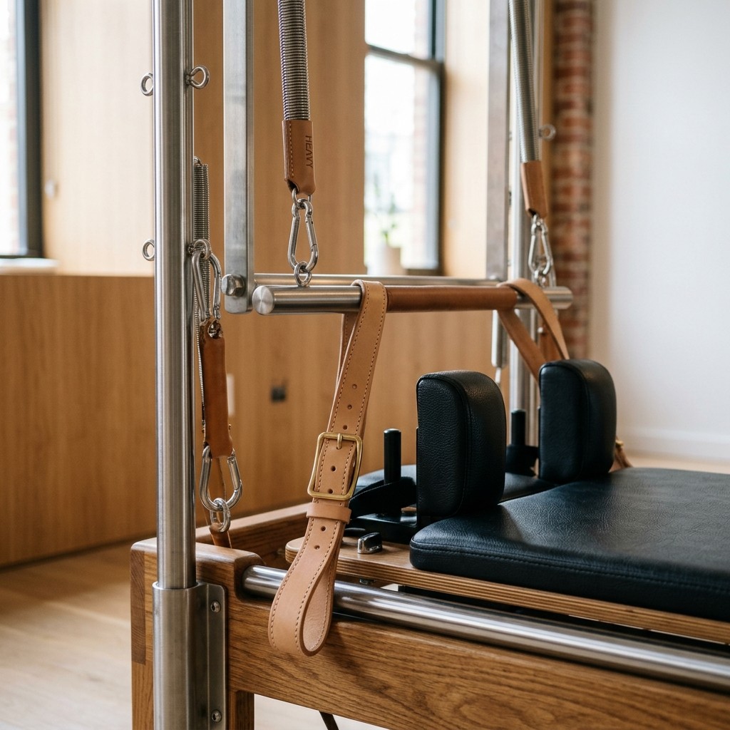 Một máy Pilates Reformer được chuẩn bị cho buổi tập thiết bị riêng