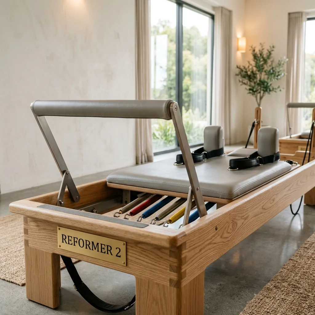 Hai máy Pilates Reformer được chuẩn bị trong phòng tập ấm