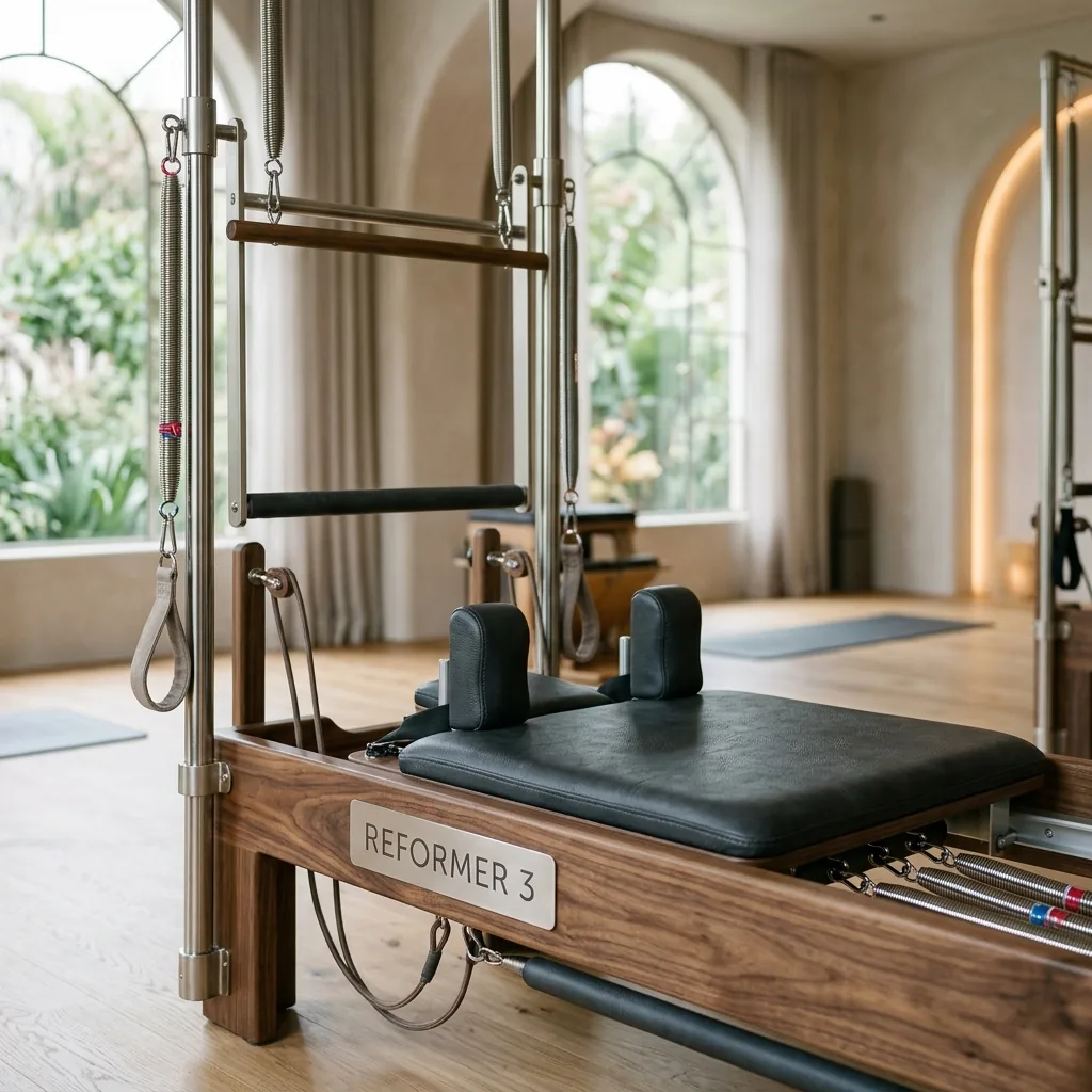 Ba máy Pilates Reformer trong phòng tập ánh sáng ấm