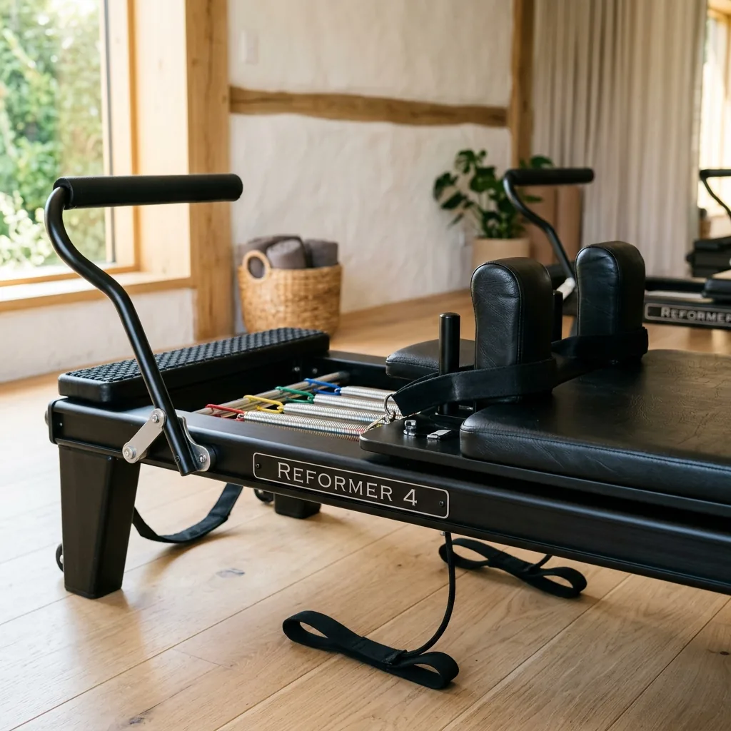 Bốn máy Pilates Reformer trong phòng tập ánh sáng ấm