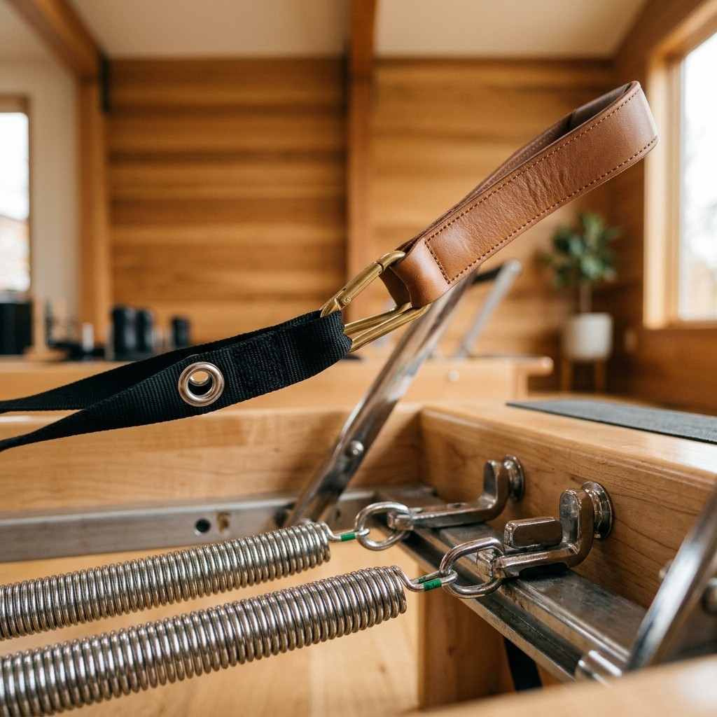Chi tiết phòng Pilates Reformer với thiết bị được chuẩn bị sạch sẽ