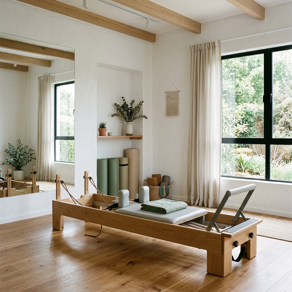 Phòng Pilates Reformer riêng với tường gương và ánh sáng studio dịu