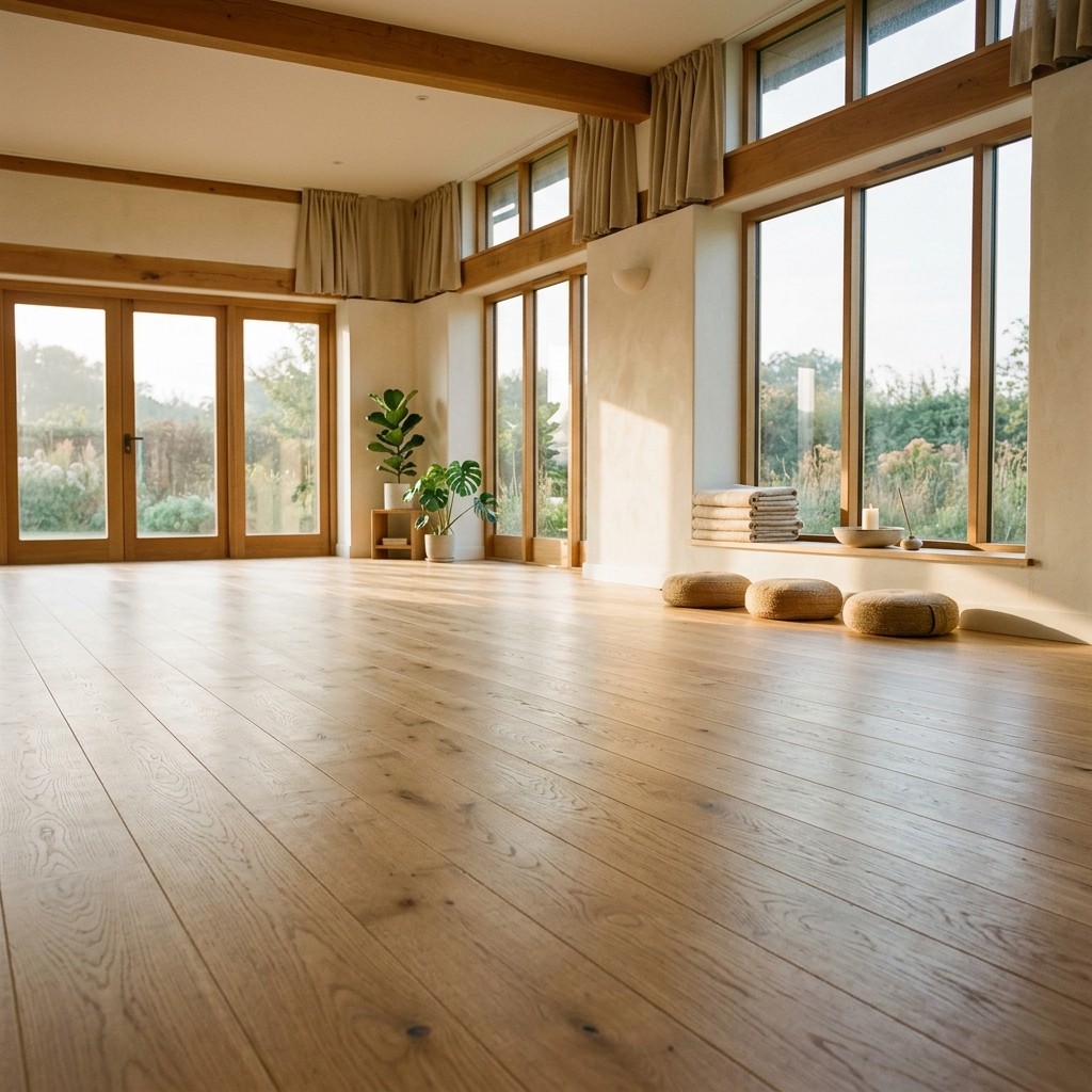 Không gian gác lửng sàn gỗ ấm, ánh sáng dịu, phù hợp cho Mat Pilates, yoga và barre